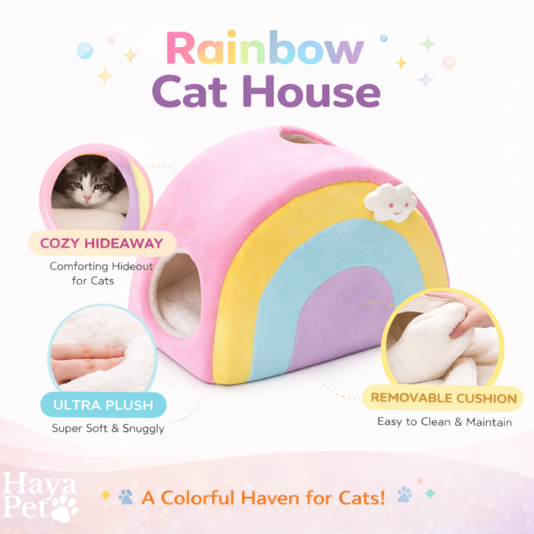 Pink Cat House With Rainbow Design
