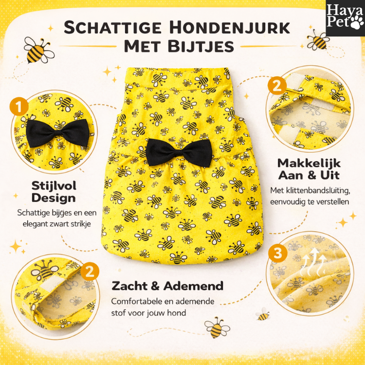 Zwart-Gele Hondenjurk Met Bijenprint