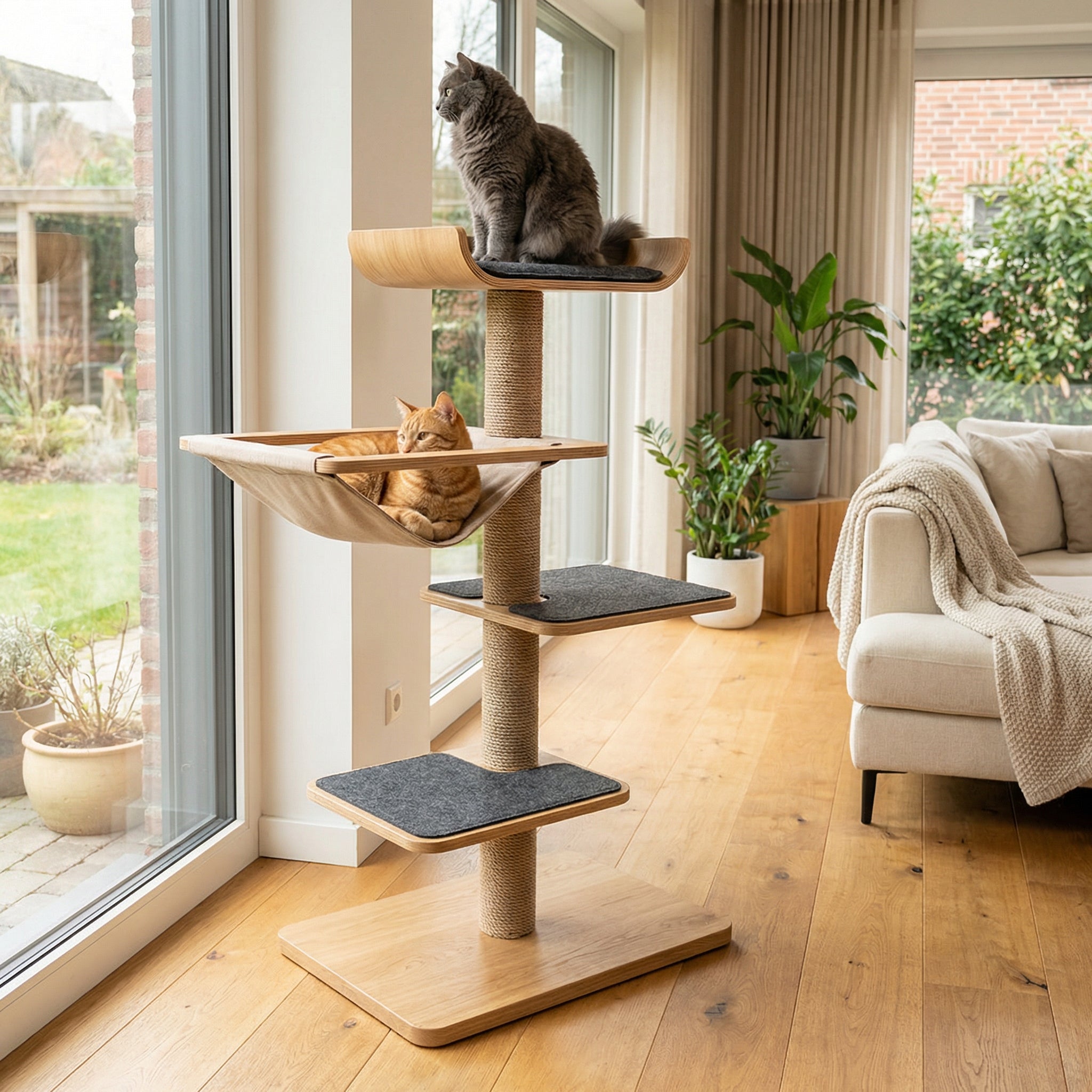 Twee katten op kattentoren in gebruik