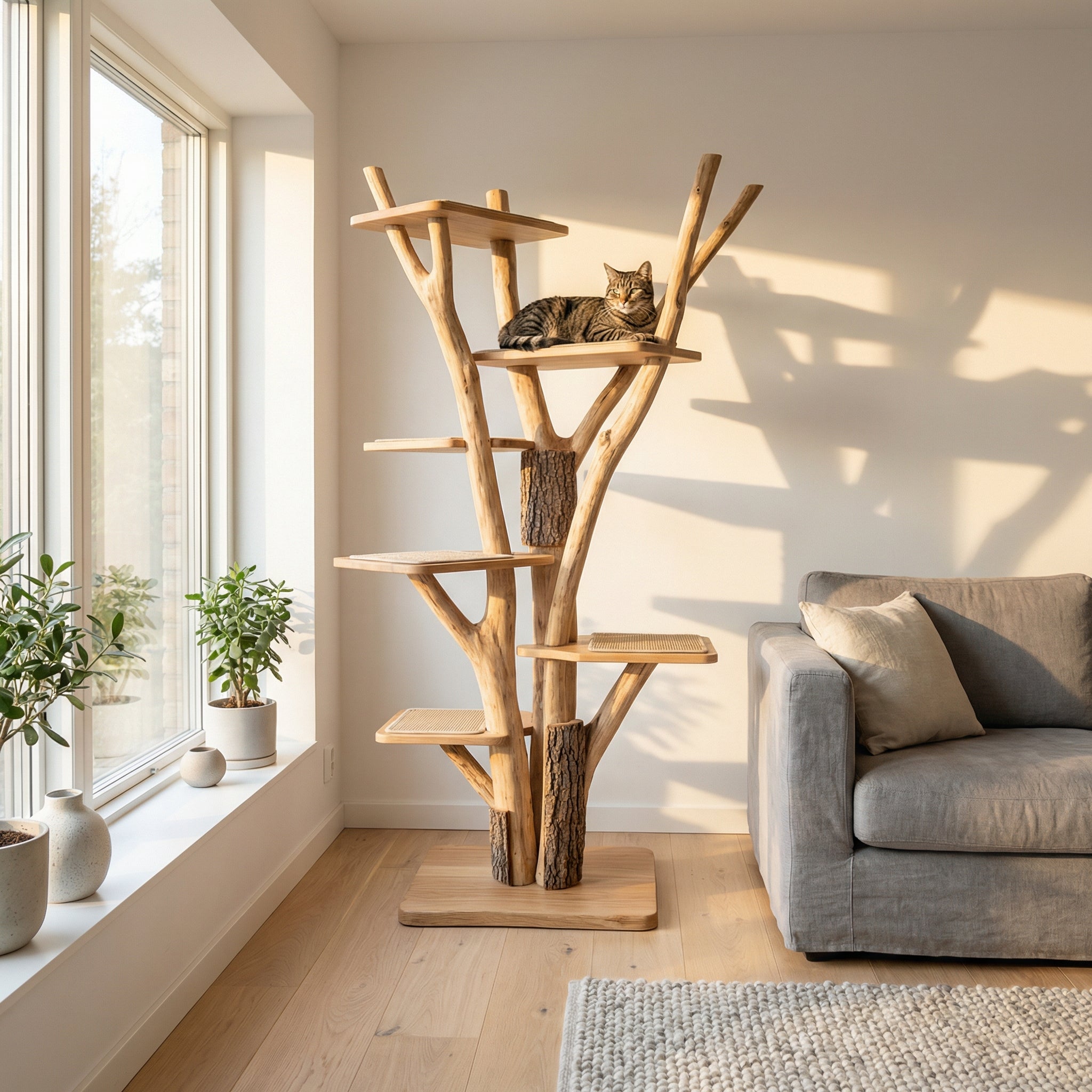 Mega Perch Kattenboom - 155cm Natuurlijk Hout met Uitneembare Sisal Pads