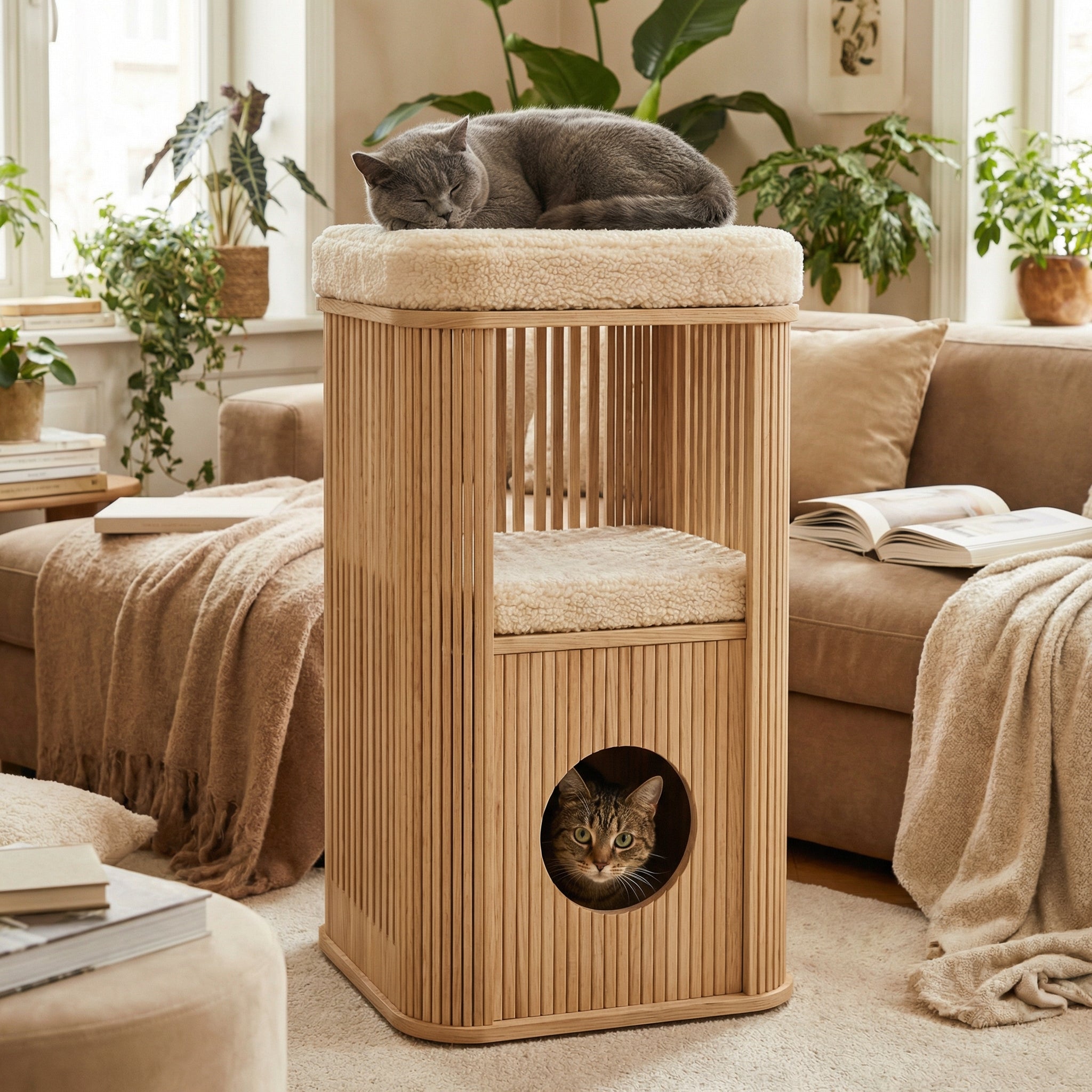 Kattentoren Met Onderste Slaapruimte En Bovenligplek - Essenhout Design