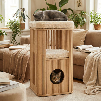 Kattentoren Met Onderste Slaapruimte En Bovenligplek - Essenhout Design