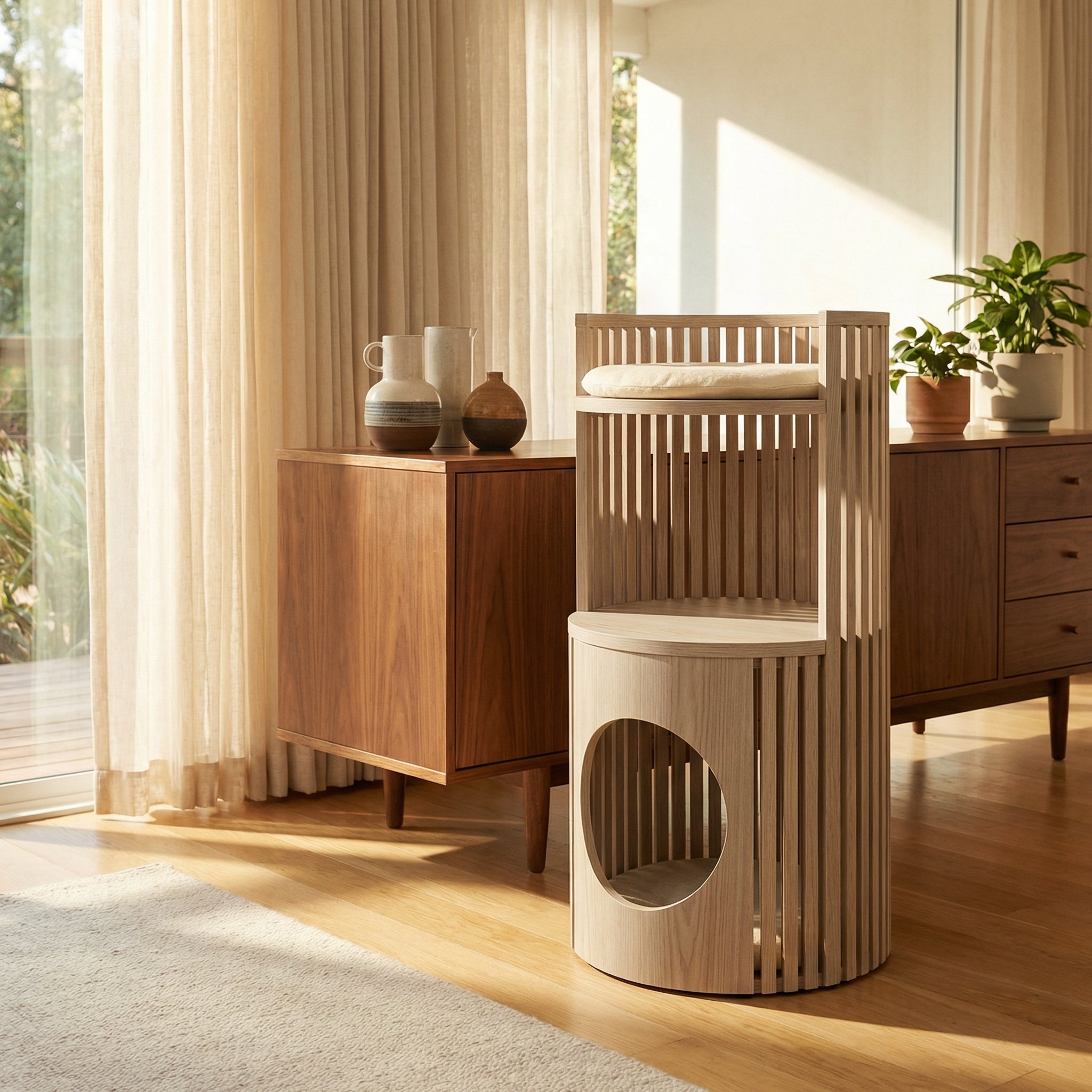 Kattentoren Met Onderste Slaapruimte En Bovenligplek - Essenhout Design